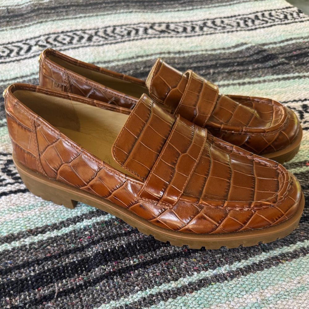 Michael Kors Holland Crocodile Embossed Cognac Leather Loafer Women’s Size 9.5